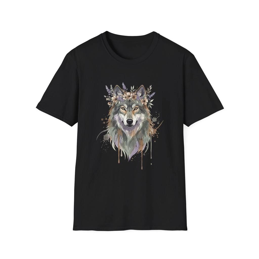 Wolf Floral Crown Watercolor Black Tee Nature Aesthetic Graphic T-Shirt