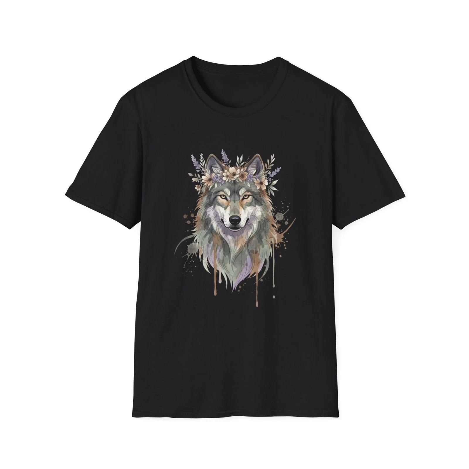 

Wolf Floral Crown Watercolor Black Tee Nature Aesthetic Graphic T-Shirt S