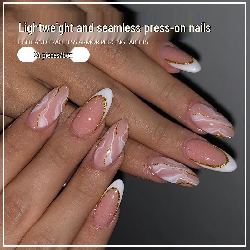 

French Gold-Edged Medium Water Drop Wearable False Nails Glue Set