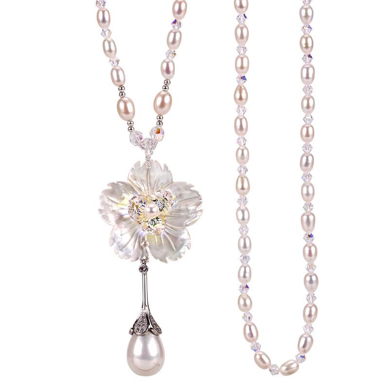 Elegant Long Pearl Jewelry For Women With Flower Design And Crystal Pendant Gift