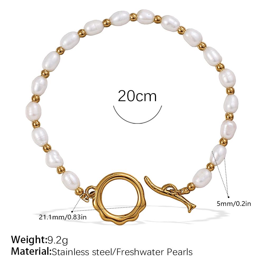 Stainless Steel Freshwater Pearl OT Buckle Necklace Bracelet Set Simple Gold Plated Necklace Bracelet