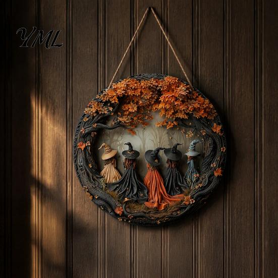 Halloween Party Home Ornament Witch Hanging Sign, 8" Round Wooden Door Autumn Forest Front Decor Witches Rustic Holiday Sign for Porch Decoration Gift