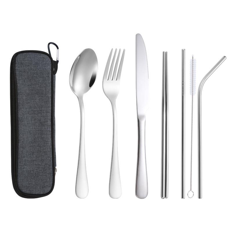 Stainless Steel Knife and Fork Spoon, Cleaning Brush, Chopsticks Set Out for Hotel Home Dinner, Smooth Integrated Forming, 7PCs