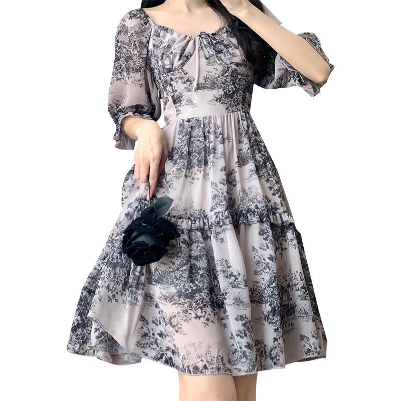Slim Waist Puff Sleeve Summer Dress - Girls' Square Collar Design