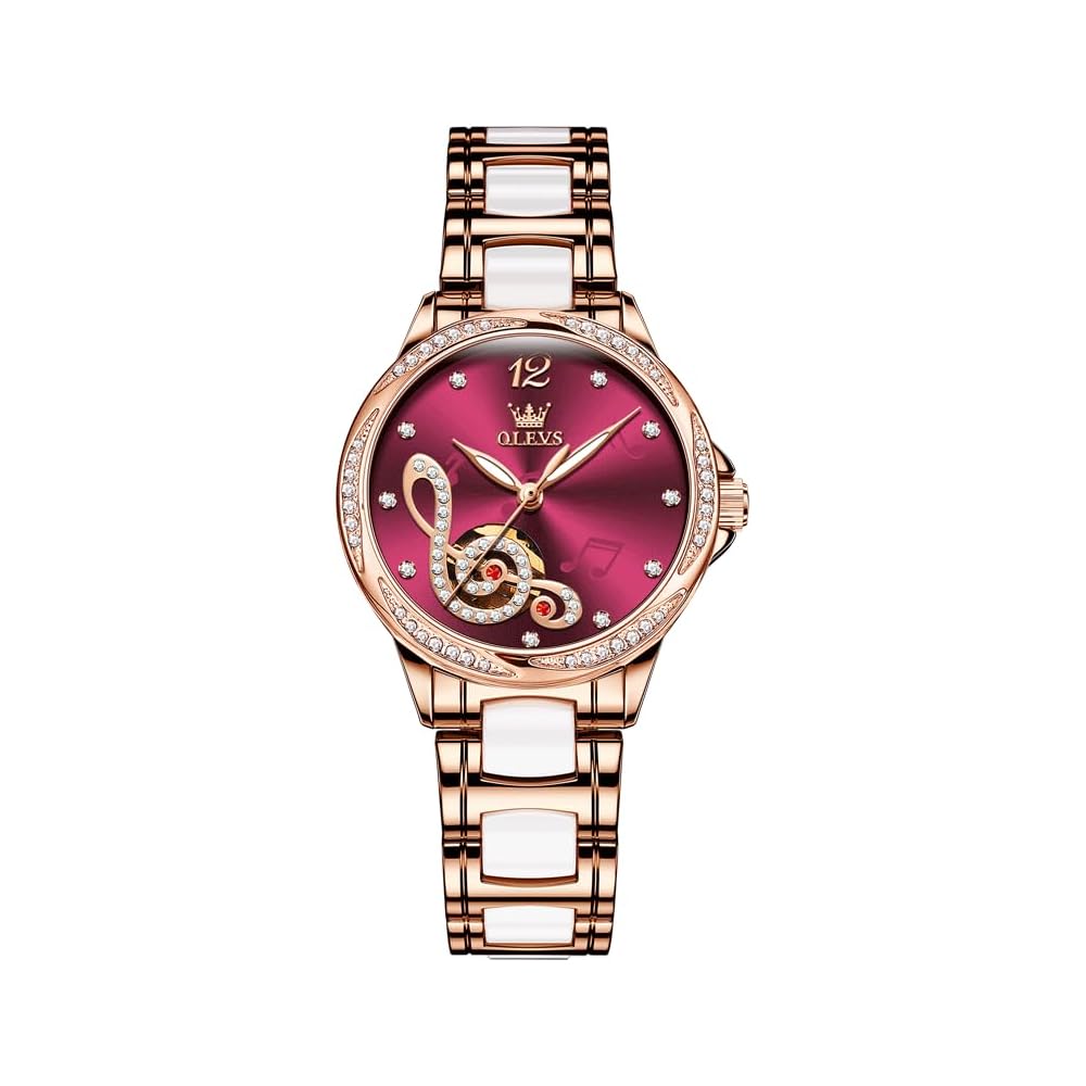 OLEVS Ladies Watch Pink Gold Ceramic Automatic Skeleton Waterproof Crystal Luminous