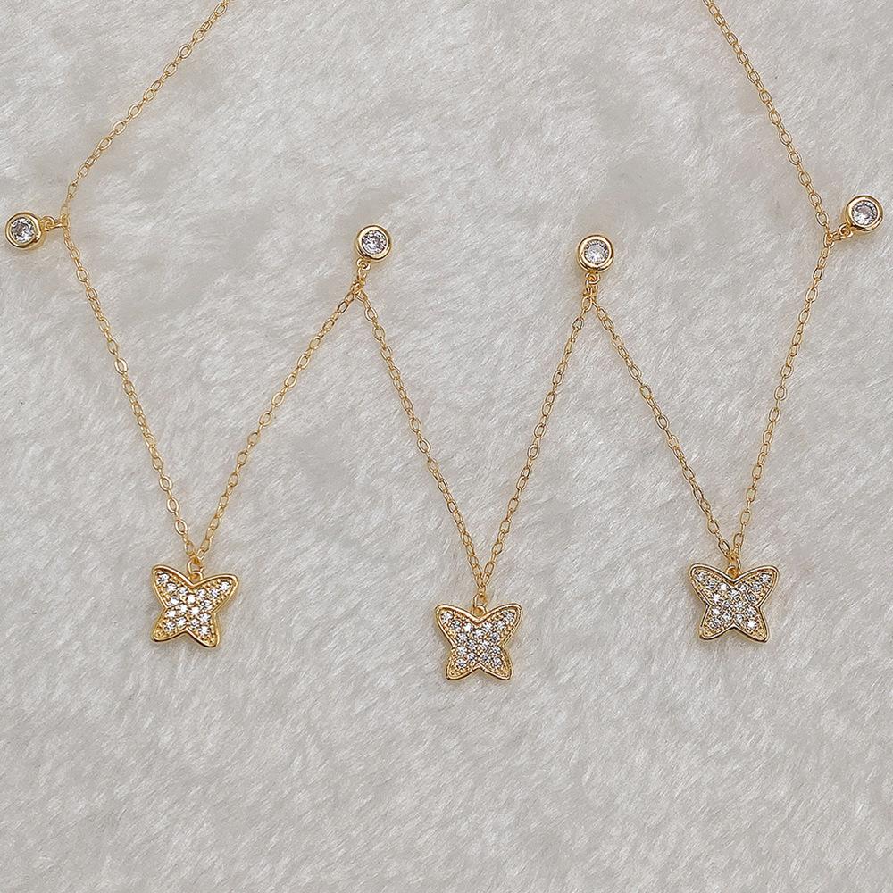 Gold Plated Layered Butterfly CZ Pendant Necklace, Delicate Star & Round CZ Double Chain Necklace for Women