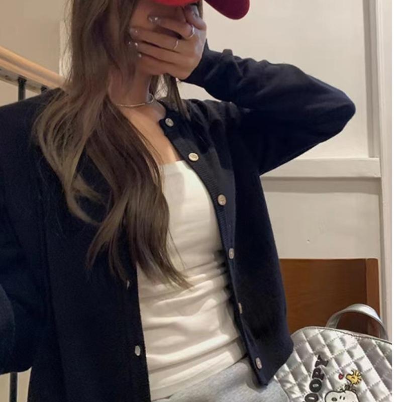 Fashion Casual Long Sleeve O-neck Knitted Cardigan Sweater Spring Autumn Loose Women Elegant Slim Fit Solid Color Top Office Thin Simple Short Coat