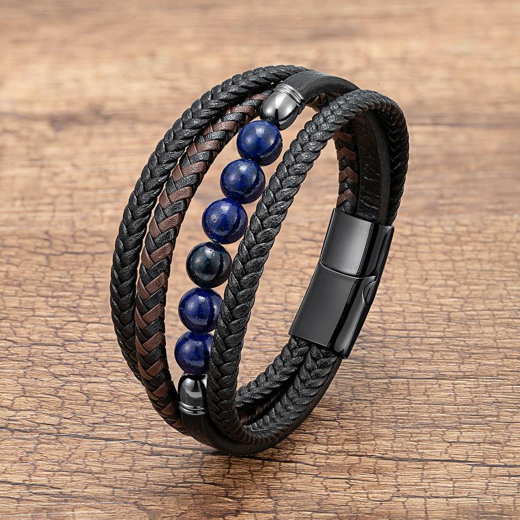 2026 European and American Buckle Fashion Jewelry Multi-layer Leather Rope Hand-woven Bracelet Stone Bracelet