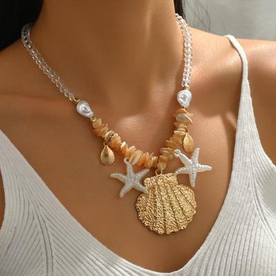 Summer Shell Starfish Conch Pendant Necklace For Women Transparent  Bead Necklace Vacation Style Jewelry Accessory