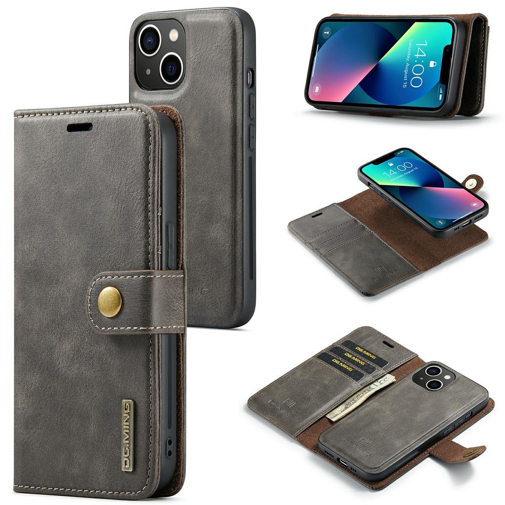 DG.MING For iPhone 15 Anti-Scratch Split Leather Wallet Stand Cover Detachable Magnetic Phone Case Shell