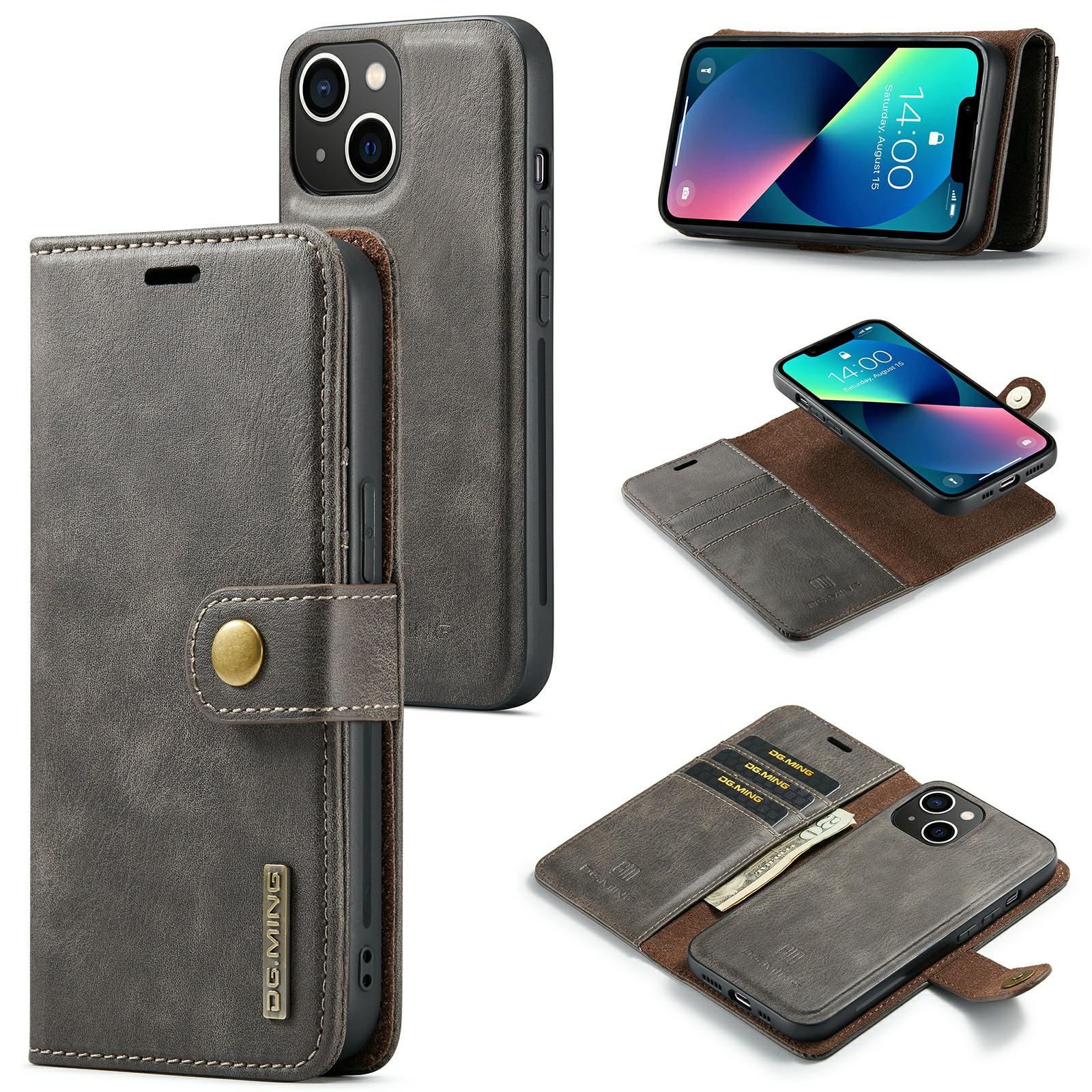 

DG.MING For iPhone 15 Anti-Scratch Split Leather Wallet Stand Cover Detachable Magnetic Phone Case Shell Grey