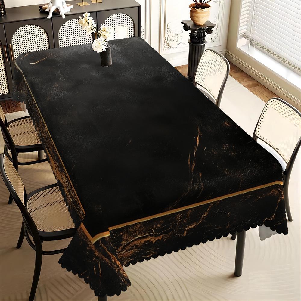 Luxe Zwart Marmeren Tafelkleed met Gouden Aders, Elegante Golvende Rand, Vlekbestendig, voor Eetkamer & Moderne Woondecoratie 140x180cm