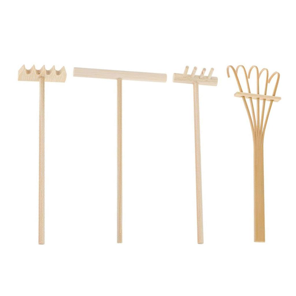 4pcs Garden Sand Rake Set Miniature Wood Handle Tools for Home and Office Decoration Meditations Rake Accessories