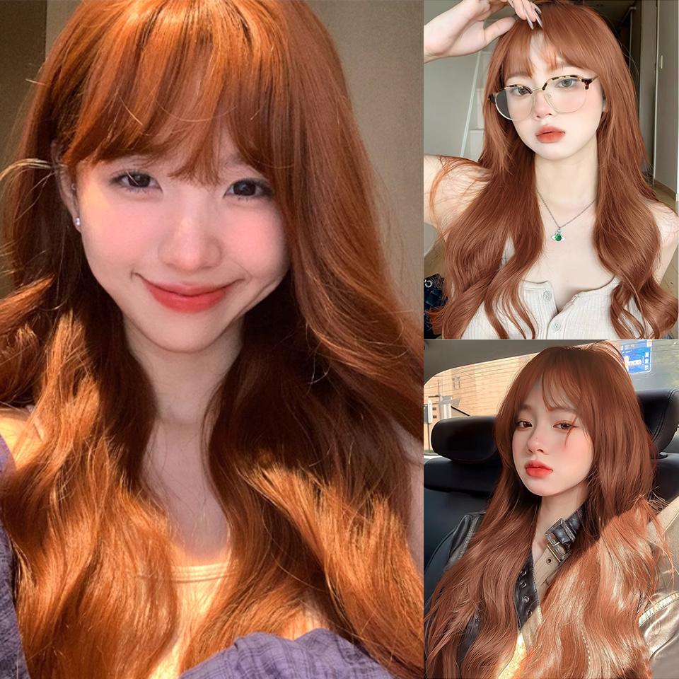 WTB Orange-brown Long Curly Synthetic Wig Female Daily Fluffy Natural Straight Bangs Orange-brown Long Curly Wig
