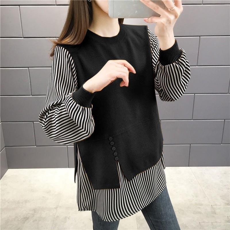 Korean Fashion Fake Two Pieces Blouse Women Casual O-neck Long Sleeve Patchwork Tops