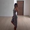 Royal Sister Wind One-word Shoulder Neck Splicing Satin Dress Women's Summer French Halter, Thin Slim Mid-length Dress