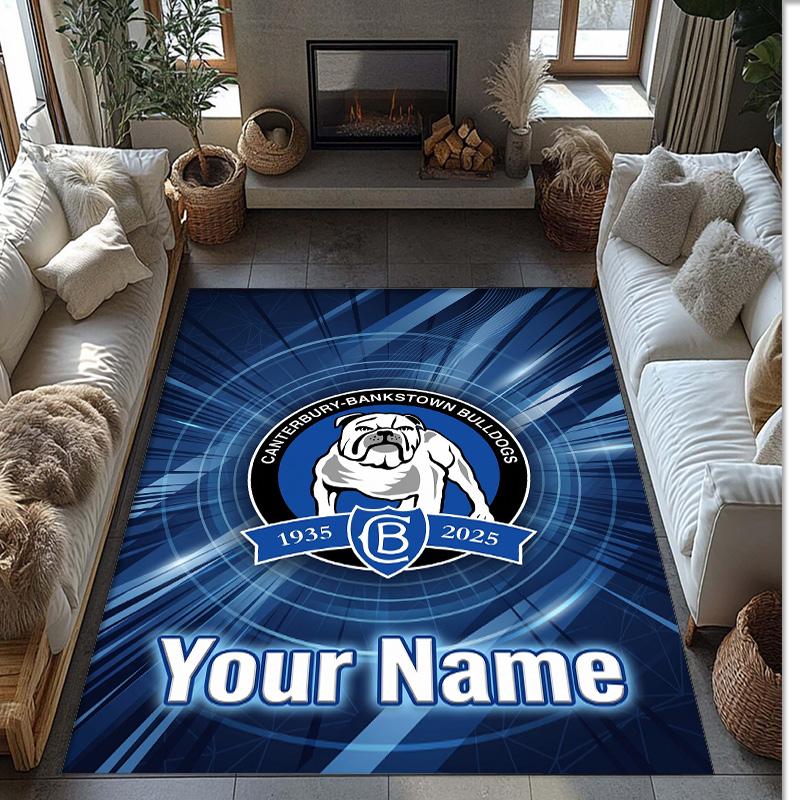 Canterbury-Bankstown Bulldogs Crystal Velvet Rug, Custom Name Text Personalized Non‑Slip Floor Mat for Home Decor Gift