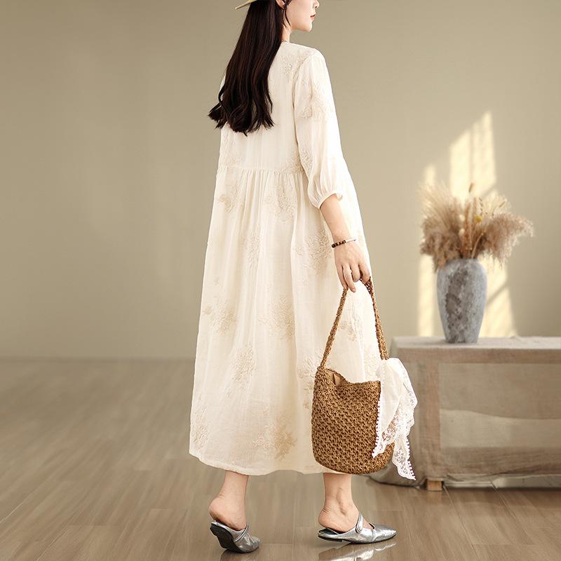 Elegant French Fairy Dress - Women's Heavy Embroidery Ramie Long White Dress