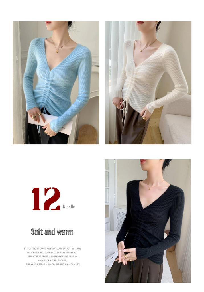 Women's Slim-Fit Cashmere Drawstring Waist V-Neck Sweater - Autumn/Winter 2025 Collection