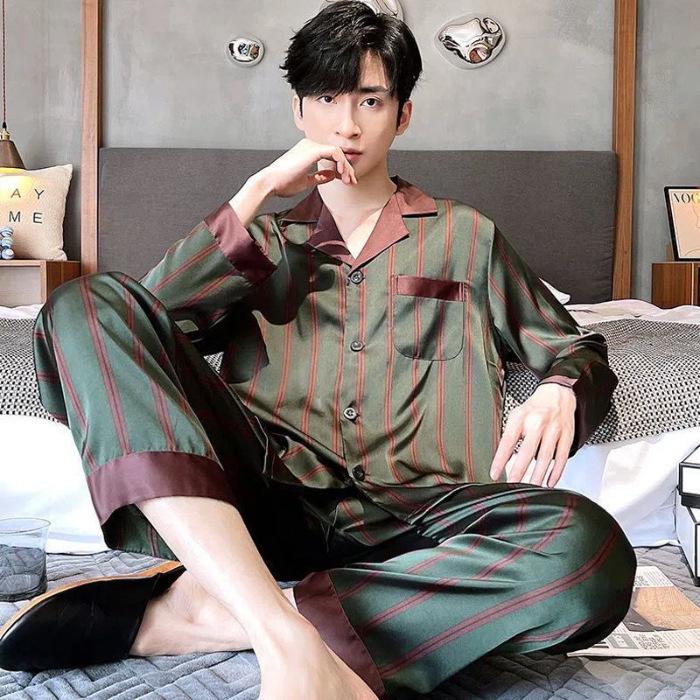 Men's Summer Ice Silk Pajama Set: Long Sleeve, Long Pants, Loose-Fit, Cooling Style.
