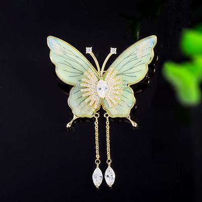 Ladies' Light Luxury Design Water Droplet Fringe Butterfly Brooch Fashionable Micro Inlaid Zircon Multifunctional Brooch