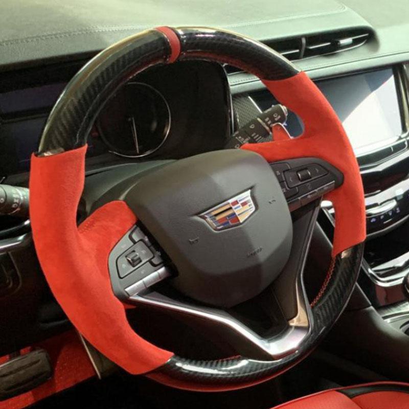 Hand Sewing Non-Slip Red suede Carbon Fiber Car Steering Wheel Cover For Cadillac XT5 CT6 XT4 CT5 XTS XT6 CT4 ATSL SRX 1