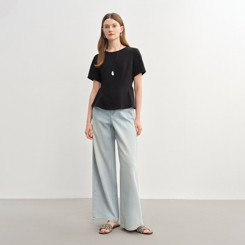 

Single Beam Plus size women clothing [Wind and Lotus Swing] Princess Line Split Arc Pleated Slimming T-shirt Shoulder Top Black 1 piece