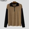 INCERUN Autumn Men Zip-up Lapel Long Sleeve Stitching Rib Knitted Pullovers Tops