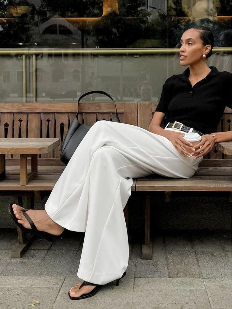 Pantaloni Bianchi a Vita Alta da Donna, Stile Commuter, Larghi, Lunghi Fino a Terra
