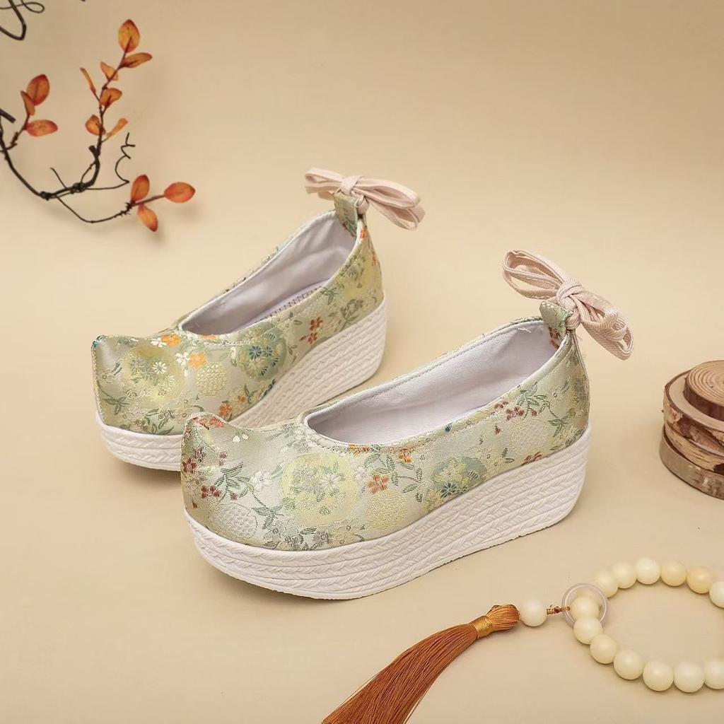 Zeppe Jacquard in Seta da Donna Scarpe Cheongsam Stile Etnico Suola Spessa Cinturino alla Caviglia Leggero Scarpe Hanfu Scarpe a Gonnellino Viso di Cavallo