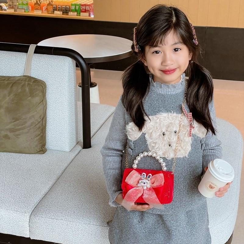 Red Adorable Pu Handbag For Kids Featuring Bow Design And Trendy Strap Chain
