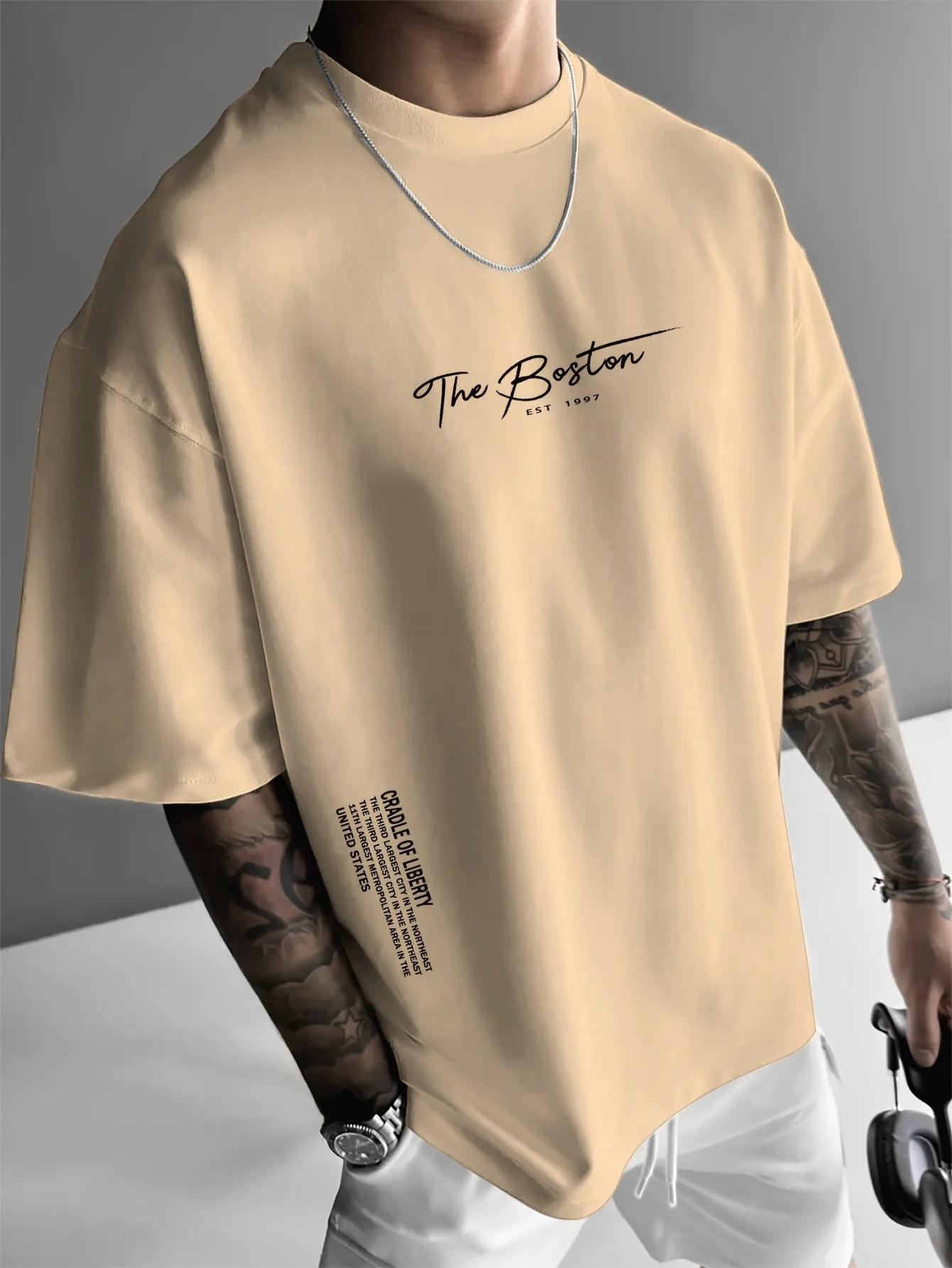 

2025 NEW Men s Casual Fashion T-shirt Printed Cotton Boston Slogan Letter Crew Jumper Summer Daily Outdoor Sports Leisure Sports 4XL