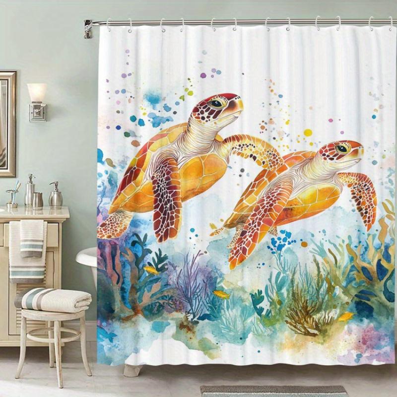 Golden turtle themed shower curtain, waterproof, with hooks, artistic graphic design, suitable for home, kitchen, hotel