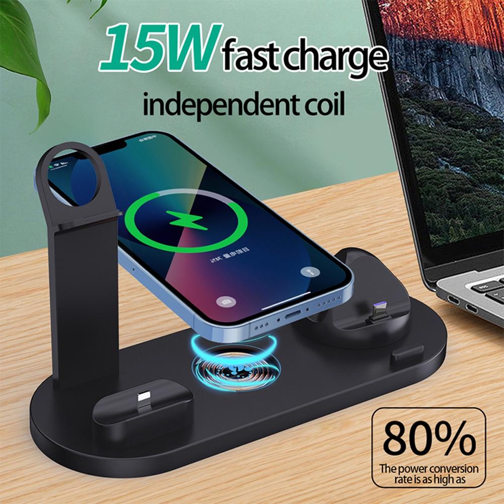 B-07 6-in-1 Desktop Phone Watch Earphone Charging Stand Wireless Charging Dock