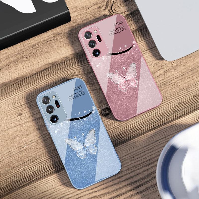 Gradient Diamond Butterfly For Samsung Galaxy Note 8 9 10 PRO 20 Ultra A01 02 03 Core 04E 4G 12 13 5G Tempering Glass Phone Case
