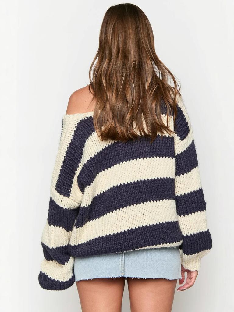 Herbst Winter Mode Lässiger Lockerer Strickpullover Schultergurt Cord Streifen Süßes Oberteil