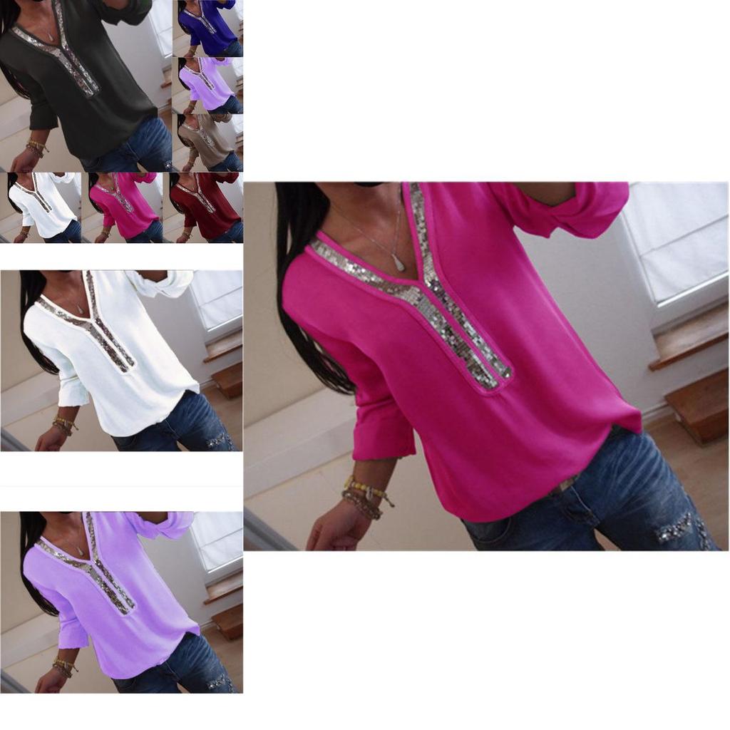 Elegant Womens Long Sleeve Sequins V-neck Tops Blouse With Casual Plus Size Fit