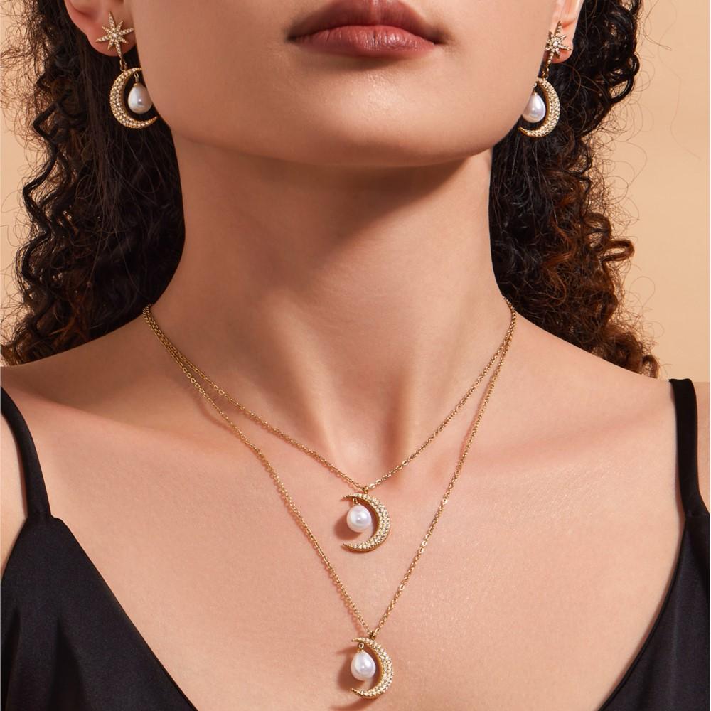 Tiny Chain Necklace Matching Earring In Stainless Steel With Zircon Moon Pendant Necklaces Dangle Earrings Jewelry Set For Women
