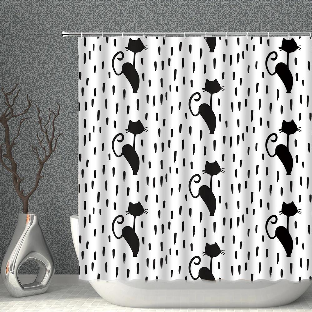Cartoon Cat White Shower Curtain Waterproof Pattern Print Polyester Bath Curtains Multi-Size With Hooks Bathroom Screen Decor