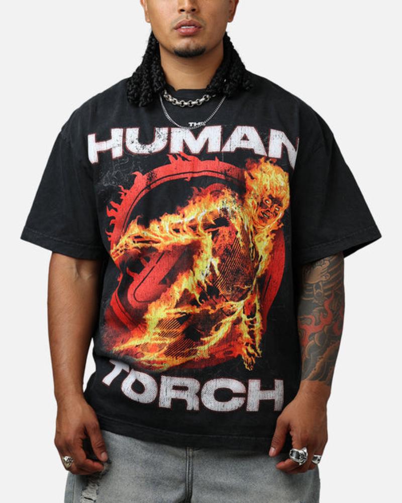 Marvel Fantastic Four Human Torch Fire Vintage T-Shirt Short-sleeved Men Pure Cotton Cartoon High Street Versatile Trendy Brand S