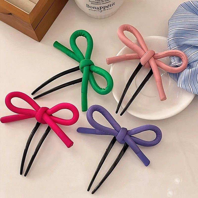 Korean Pink Big Bow Hair Sticks For Women Girls Fashion Sweet Acrylic U-shaped Bowknot Ribbon Hairpin Top Clip Hair Accessories