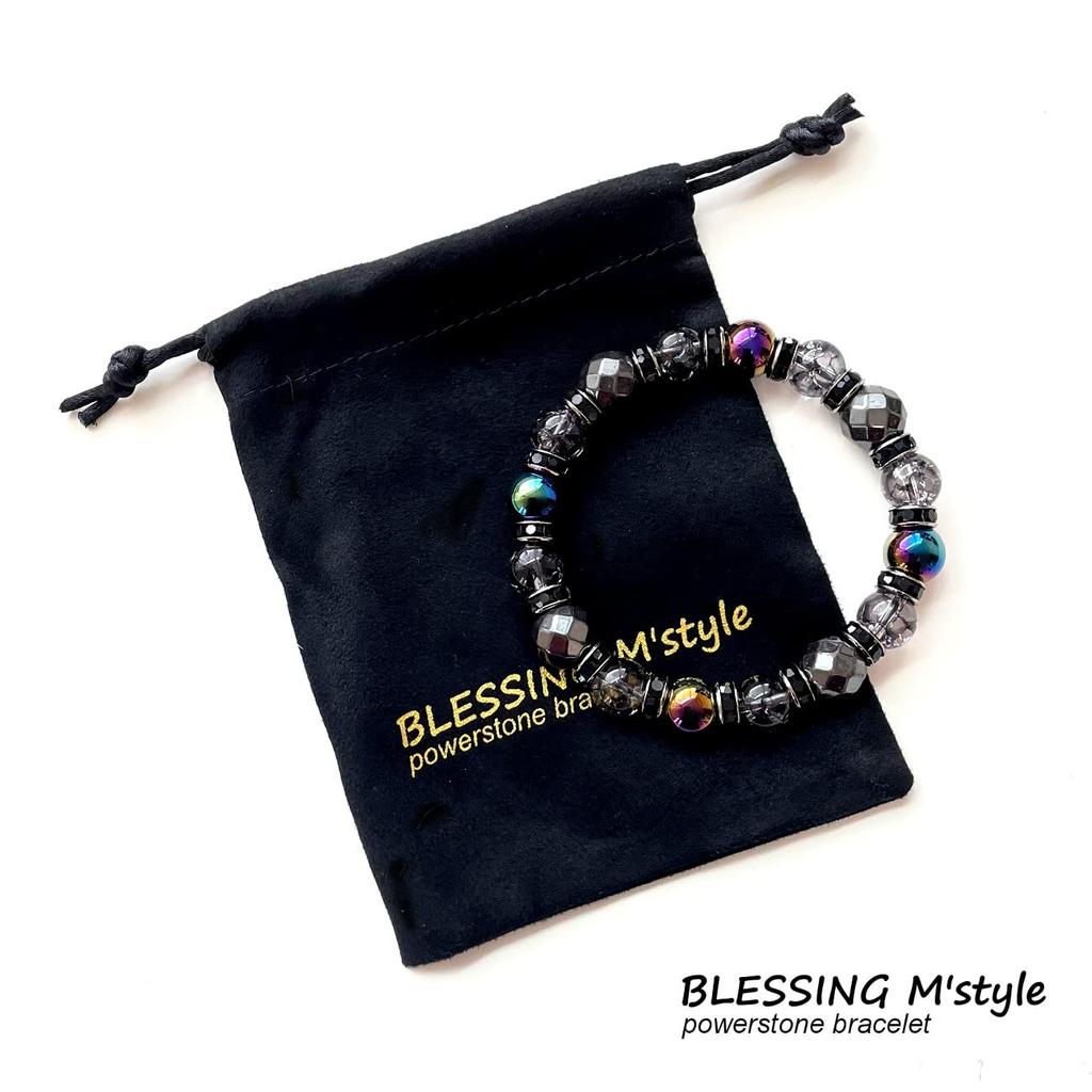 Power Stone Natural Stone Bracelet with Onyx Rainbow Black Crack and Hematite for Protection and Good Includes a Luxury Drawstring Bag with Brand Logo