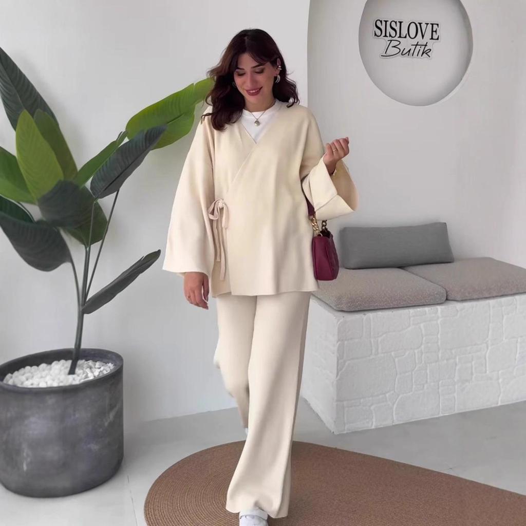 2025 Autumn Women's Crossover Collar Cardigan & Long Pants Set - Solid Color, Long Sleeve, Casual