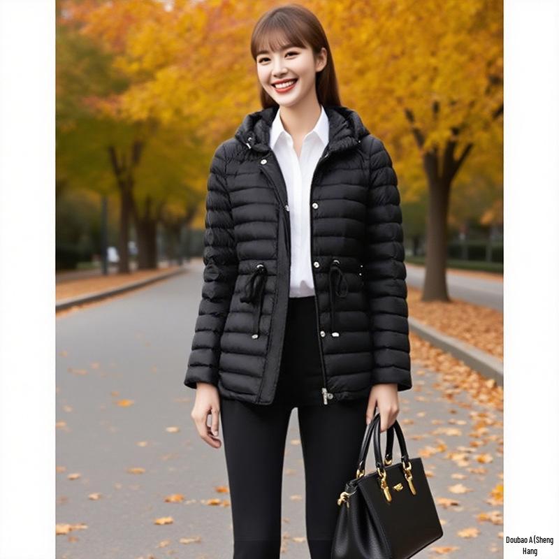 Women's Tie-Waist Hooded Down Jacket - Long Sleeve, Loose Fit, Lightweight, White Duck Down Outerwear 2025