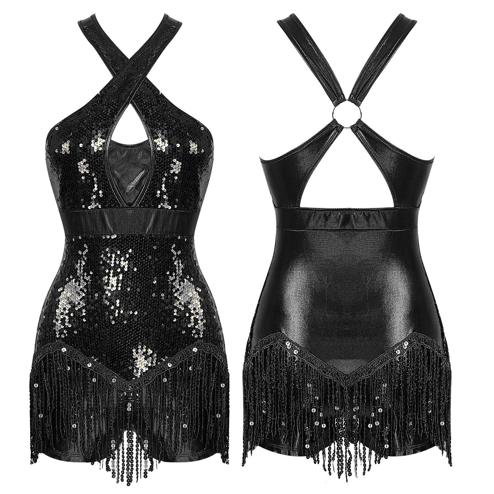 

Женский купальник с блестками и кисточками для танцев, костюм для латиноамериканского ча-ча, боди с бахромой, танцевальная одежда M чёрный