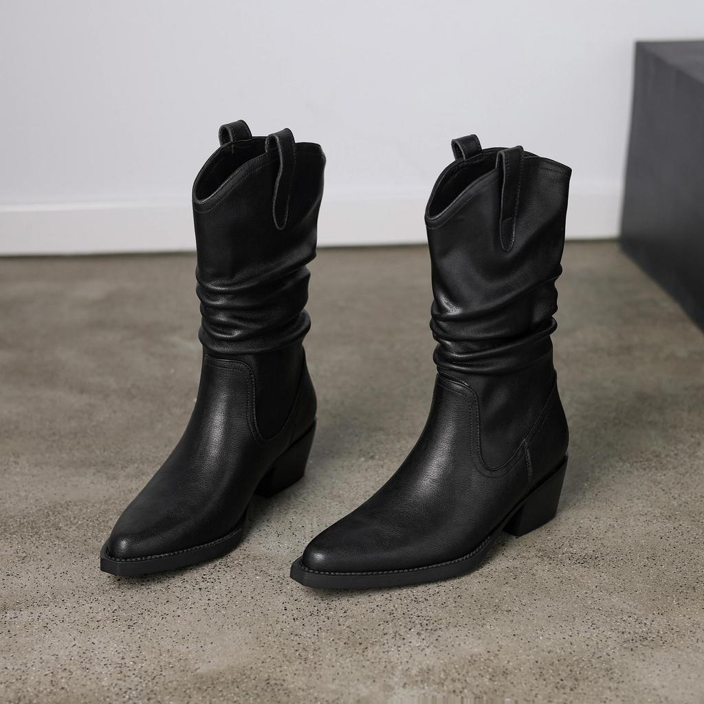 Krazing Pot Genuine Leather Autumn Winter Shoes Med Heels Size 41 Western Boots Pointed Toe Slip on Ankle Boots