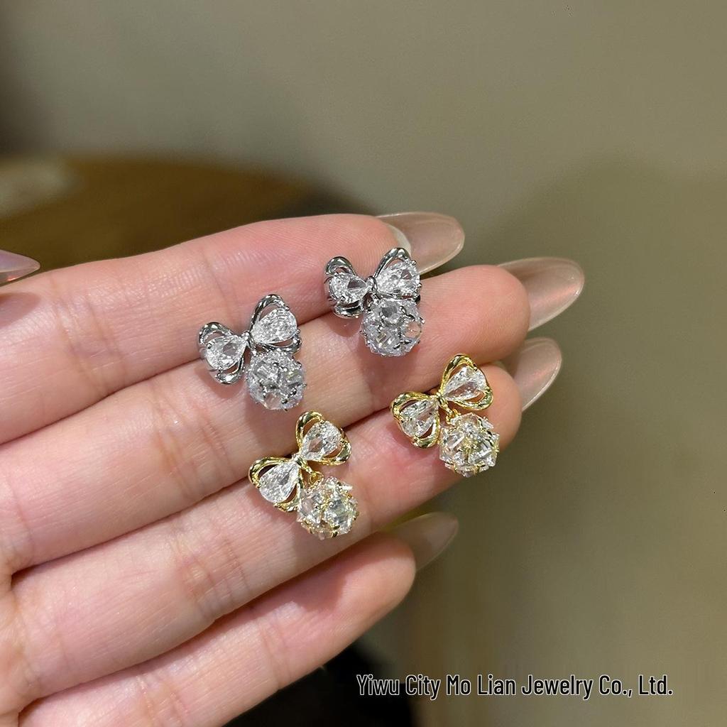 Exquisite Zircon Bow Pendant s925 Silver Stud Earrings for Women