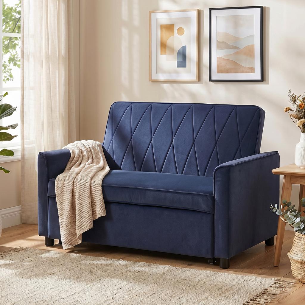 2 Seater Sofa Bed, 3-in-1 Convertible Pull Out Sleeper Sofa with Click-Clack Adjustable Backrest, Dark Blue