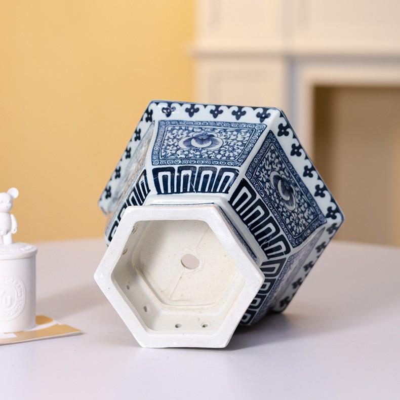 Hexagonal Lotus Flower Bonsai Pot, Blue and White Jingdezhen Ceramic Planter for Orchids and Greenery