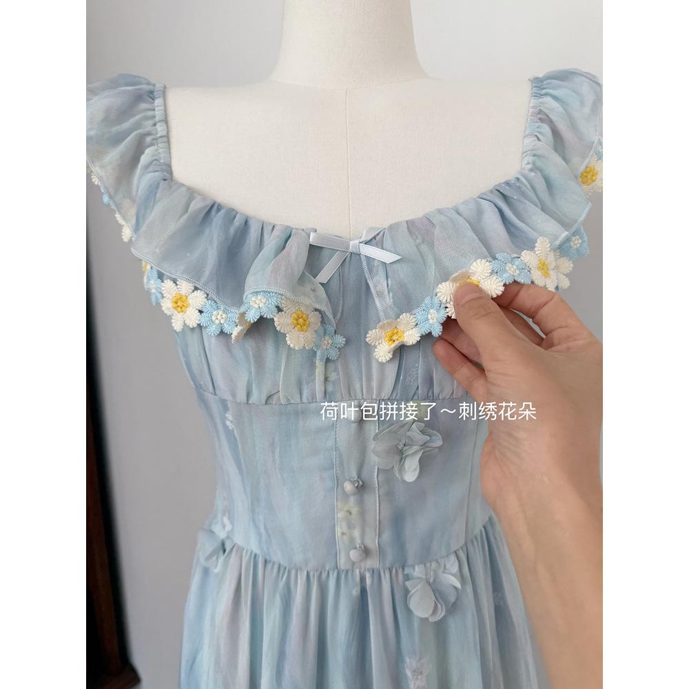 Retro Floral Sweet Dress for Women's Summer New Waist and Thin Temperament Long Skirt Seaside Vacation Style